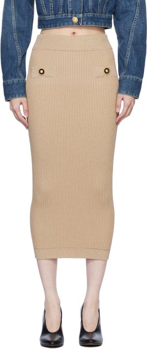 Balmain Beige Plain Ribbed Knit Midi Skirt
