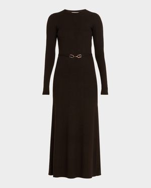 Imagene Ribbed Long-Sleeve Midi Dress With Belt