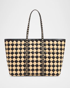 Rockstud Embroidered Raffia Shopping Tote Bag