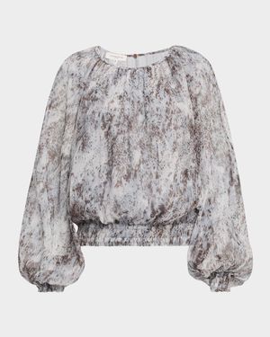 Gathered Splatter-Print Plisse Blouse