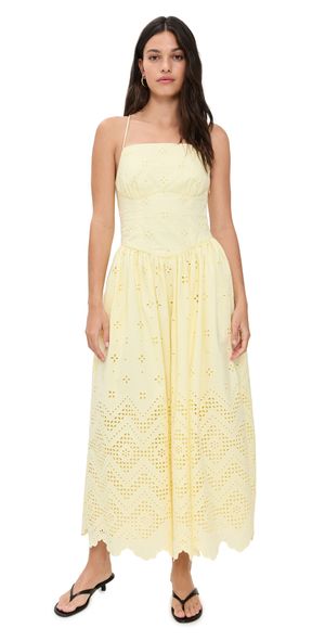Self Portrait Yellow Cotton Broderie Midi Dress Yellow 4