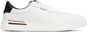 BOSS White Signature-Stripe Leather Sneakers