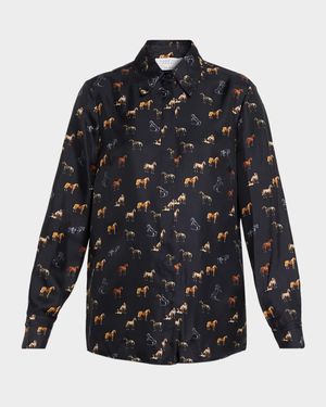 Cruz Horse-Print Silk Button-Down Shirt