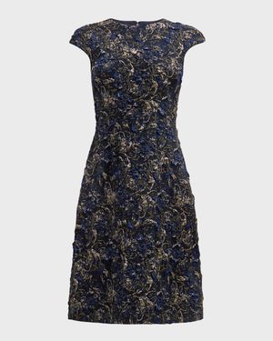 Cap-Sleeve A-Line Floral Jacquard Midi Dress