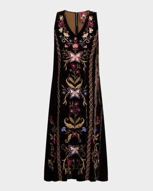Sleeveless Floral-Embroidered Velvet Midi Dress
