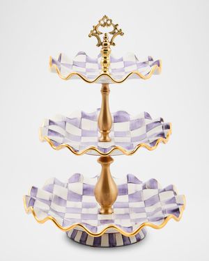 Plum Check Fluted Ceramic Three-Tier Sweet Stand