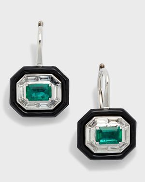 18K White Gold Oui Earrings with Black Enamel, White Diamonds and Emeralds
