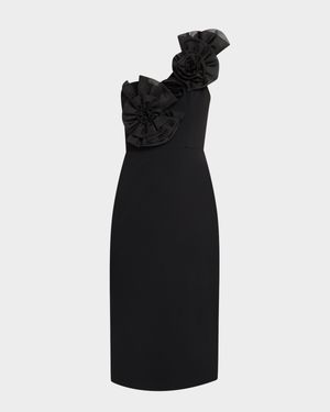 One-Shoulder Floral Applique Crepe Midi Dress
