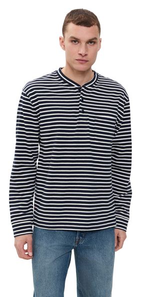 Alex Mill Allan Henley In Cotton Stripe Navy/Natural XL