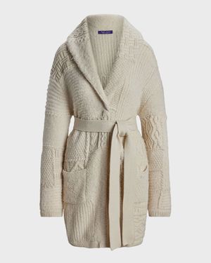 Patchwork Shawl-Collar Belted Cardigan