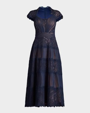 Pleated Mesh & Textured Lace Midi Dress