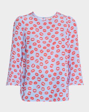 3/4-Sleeve Lip-Print Silk Blouse