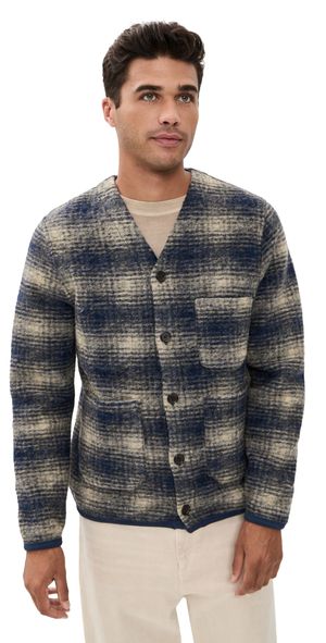 Universal Works Check Fleece Cardigan Navy S