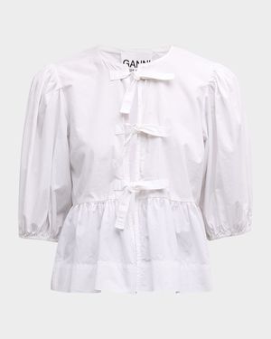 Poplin Front-Tie Peplum Blouse with Puffed-Sleeves