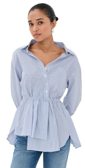 Rosie Assoulin Falling Off The Shoulder Shirt Blue Stripe XS