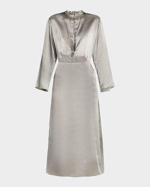 Ombre Print Silk Long-Sleeve Midi Dress