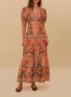Farm Rio - Robe longue en coton imprimé - Taille L - Rose