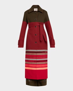 Embroidered Stripe Belted Long Trench Coat