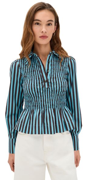 Damson Madder Hazel Shirred Shirt Blue Choc Stripe 6