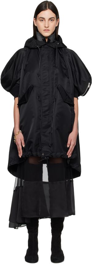 sacai Black Nylon Twill Hooded Vest Coat