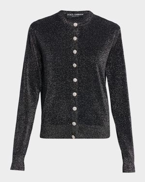Crystal-Button Metallic Knit Crewneck Cardigan