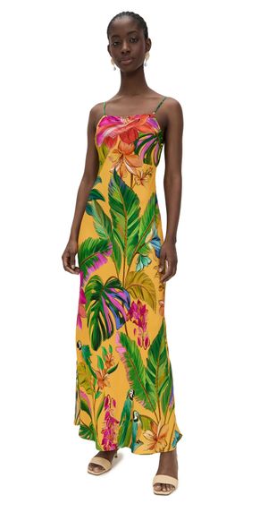 FARM Rio Birds Singing Yellow Slip Maxi Dress Yellow Multi L