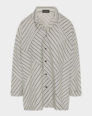 Raised Twist Stripe Patchwork Slim A-Line Double Stand-Collar Shirt With Stepped Insert (Long Length)