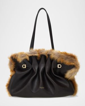 Pinch Soft Shearling-Trim Leather Shoulder Bag