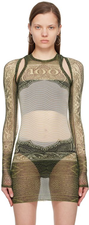 Jean Paul Gaultier Cardigan vert et blanc cassé à imprimé de cartouche - Évidemment