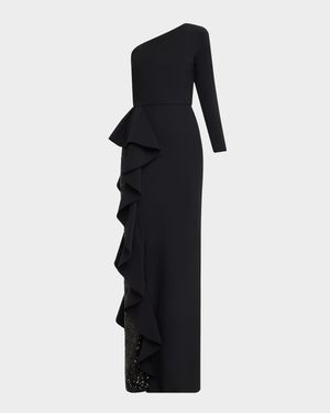 One-Shoulder Sequin Skirt Ruffle Gown