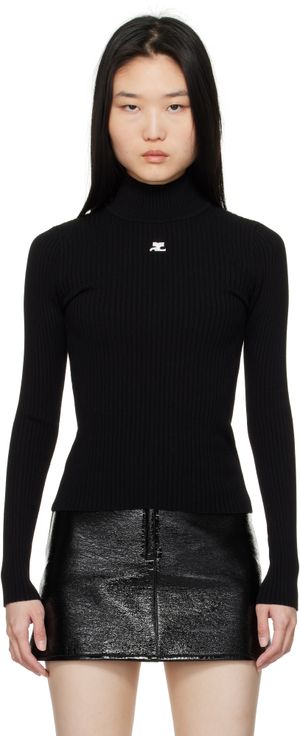 Courrèges Black Reedition Rib Knit Mock Neck Sweater