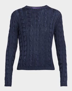 High Shine Silk Cable-Knit Crewneck Sweater
