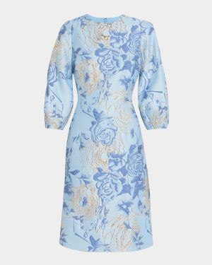 Puff-Sleeve Metallic Floral Jacquard Dress