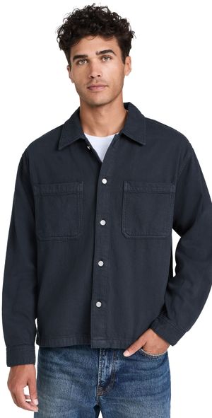 FRAME Textured Terry Double Pocket Relaxed Shirt Navy L