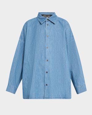 Angled-To-Front Side Seam Denim Shirt With Collar (Long Length)