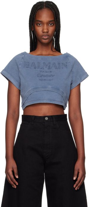 Balmain Blue Cropped 'Balmain Couture' Embroidered T-shirt