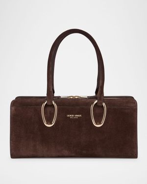 Ring-Embellished Suede Top-Handle Bag