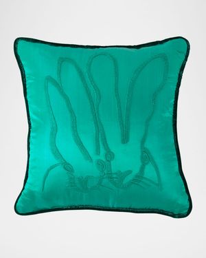 Hand-Embroidered Silk Pillow with Velvet Back, 18" Square