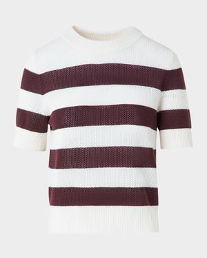 Striped Cool Wool Mesh Knit Short-Sleeve Sweater