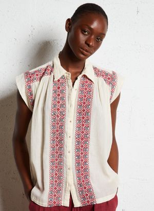 Maison Hotel - Top col chemise en coton - Taille L - Rouge