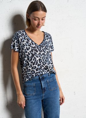 Sud Express - Tee-shirt Col V imprimé en lin - Taille L - Bleu