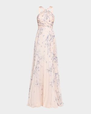 Pleated Floral-Print Halter Gown