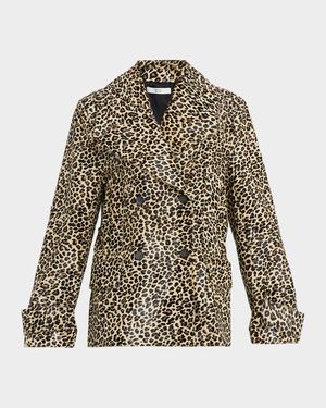 Leopard-Print Ponyhair Double-Breasted Short Peacoat