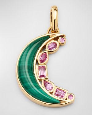 18K Yellow Gold Malachite and Pink Sapphire Crescent Moon Pendant, 19mm