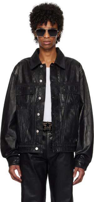 AMIRI Blouson noir en denim ciré à motif à quadrigrammes