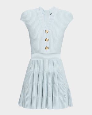 Short-Sleeve Flechage Knit Flare Mini Dress