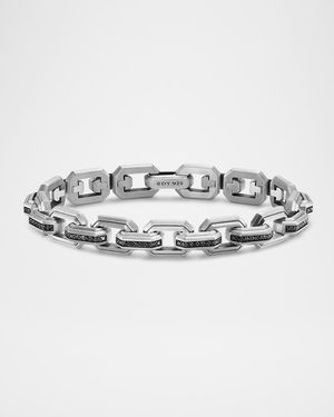 Men's Faceted Flat Link Bracelet in Silver with Black Diamonds, 11mm