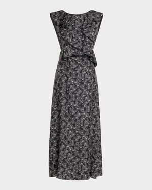 Calesse Bow-Print Ruffle Backless Midi Dress