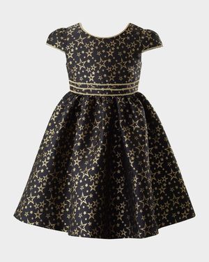 Girl's Star-Print Damask Dress, Size 2-10