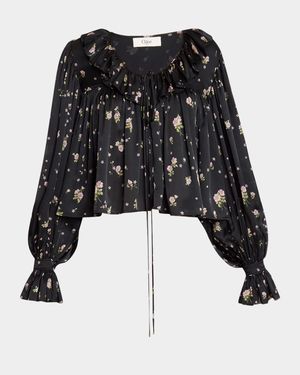 Floral Silk Ruffle Peasant Blouse